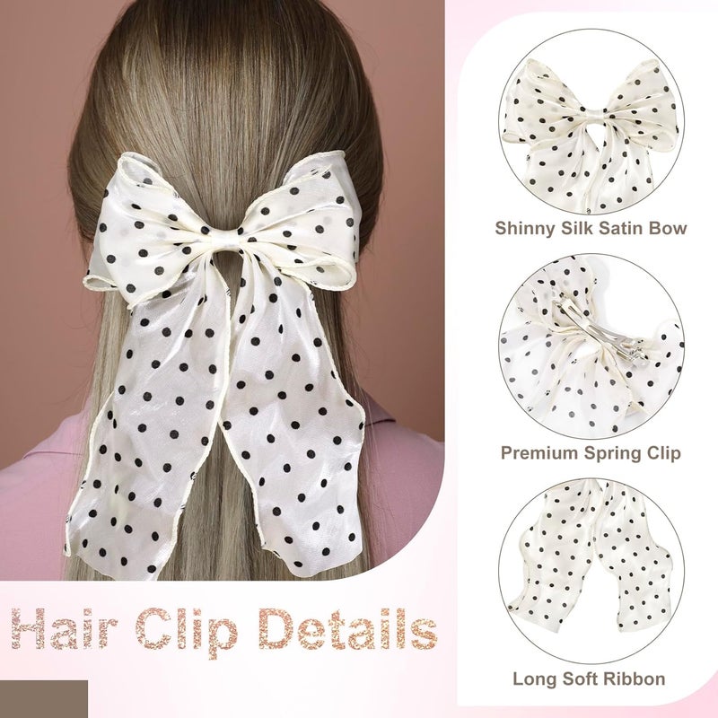 STSTR 2Pcs Large Hair Bow Clips, Silk Yarn Ribbon Bow Hair Barrette for Women, Elegant Long Tail Bowknot French Hair Accessories for Wedding, Parties, Festivals (White Bow Black Dots) - Image 4